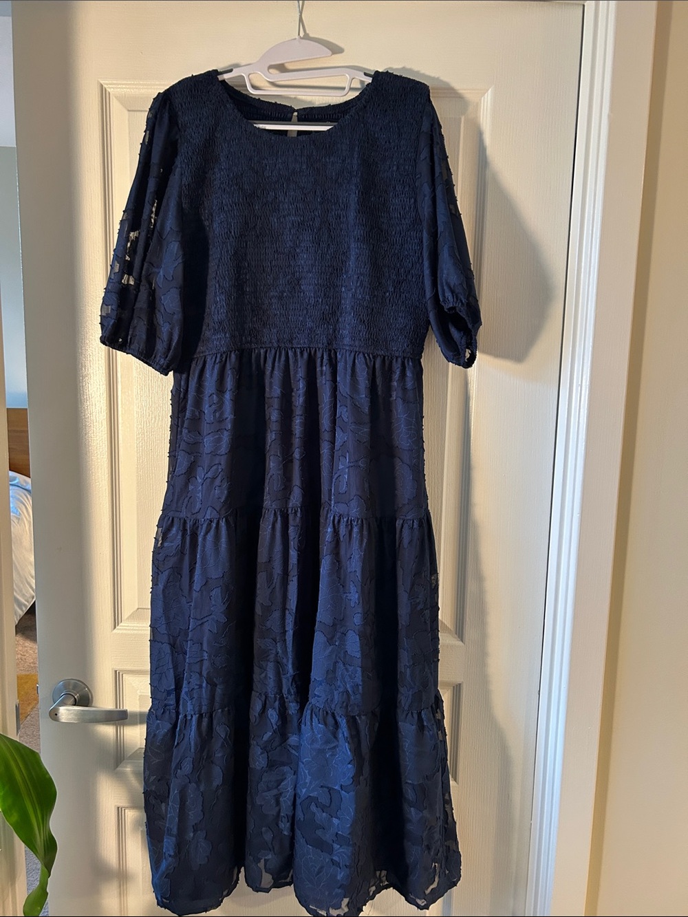 Women’s Navy Blue Tiered Lace Midi Dress with Smocked Bodice by Zesica XXL